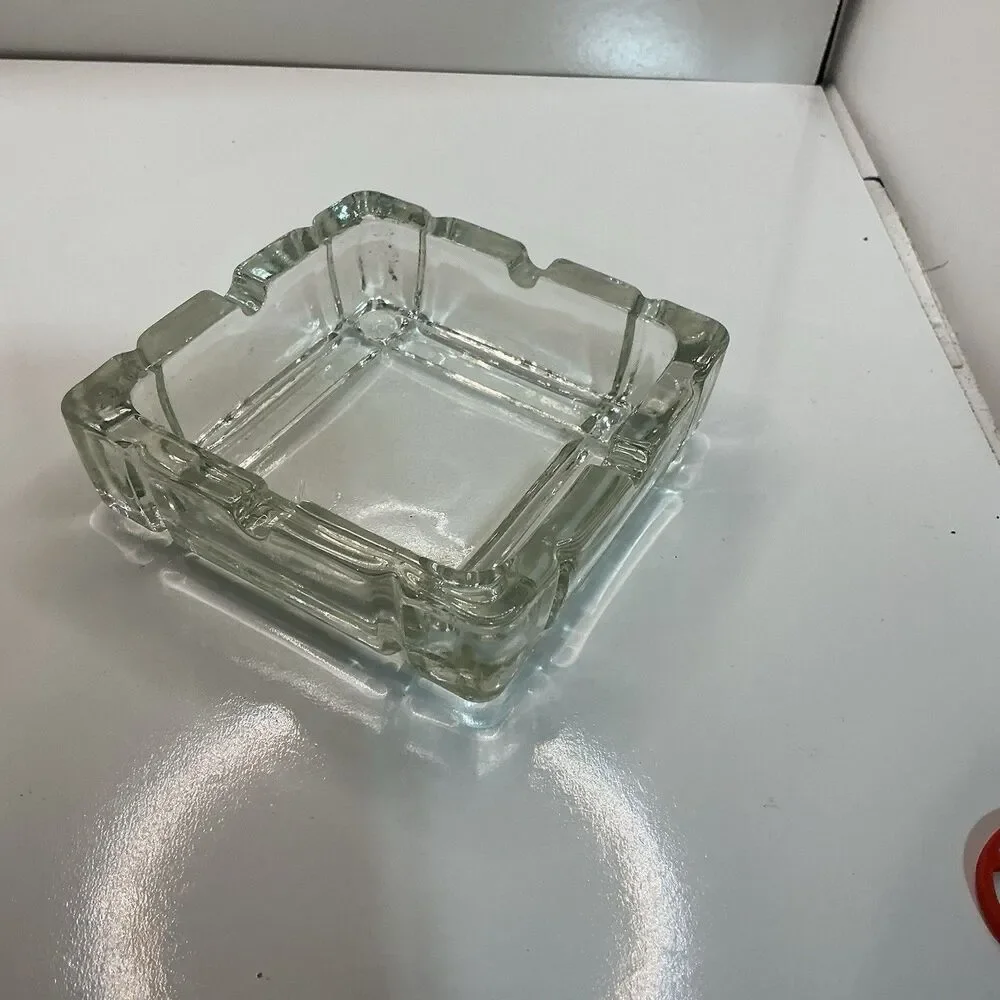 Vtg Mid Century Clear Square Glass Ashtray 4